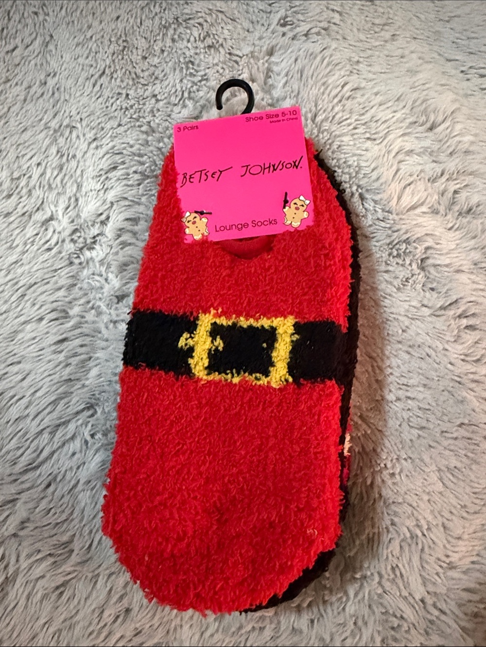 Betsey Johnson Red Fuzzy Kids Lounge Socks with Black Belt and Yellow Buckle